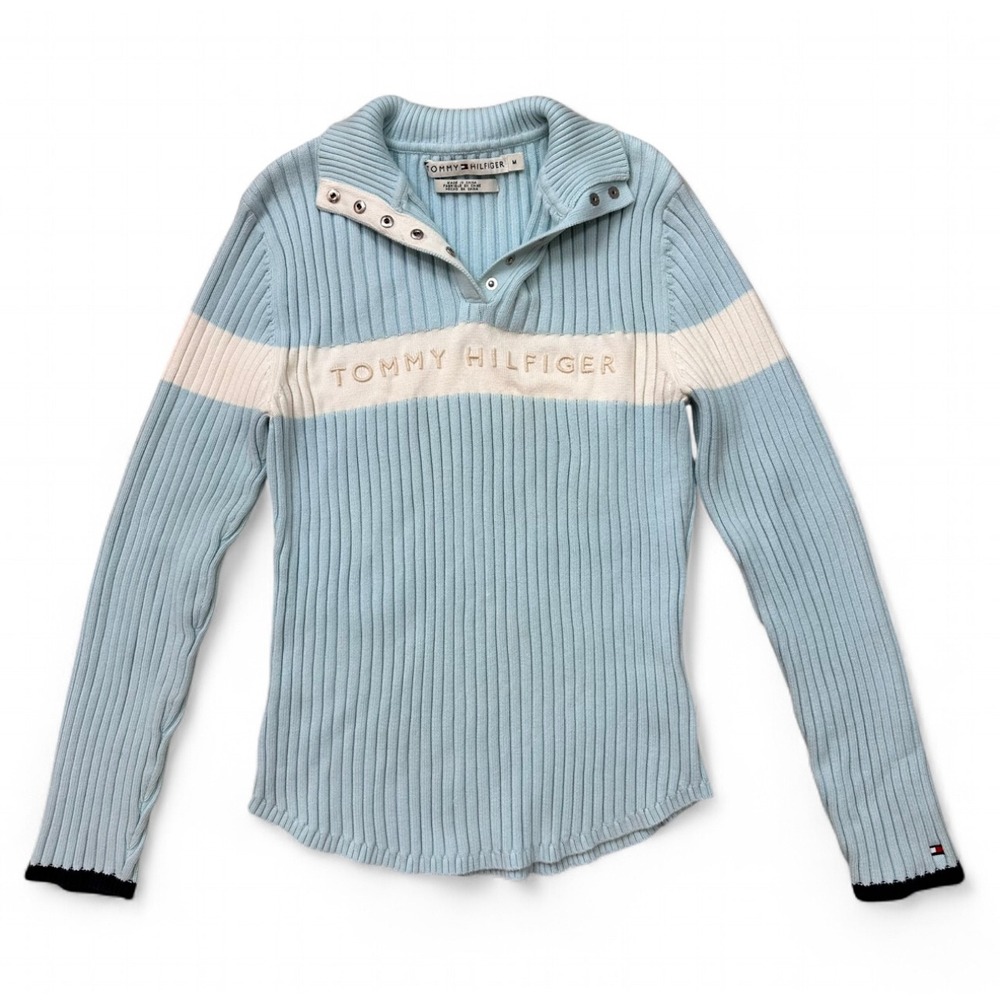 Y2K Tommy Hilfiger Baby Blue‎ Knit Ribbed Pullover Sweater Preppy Casual Medium